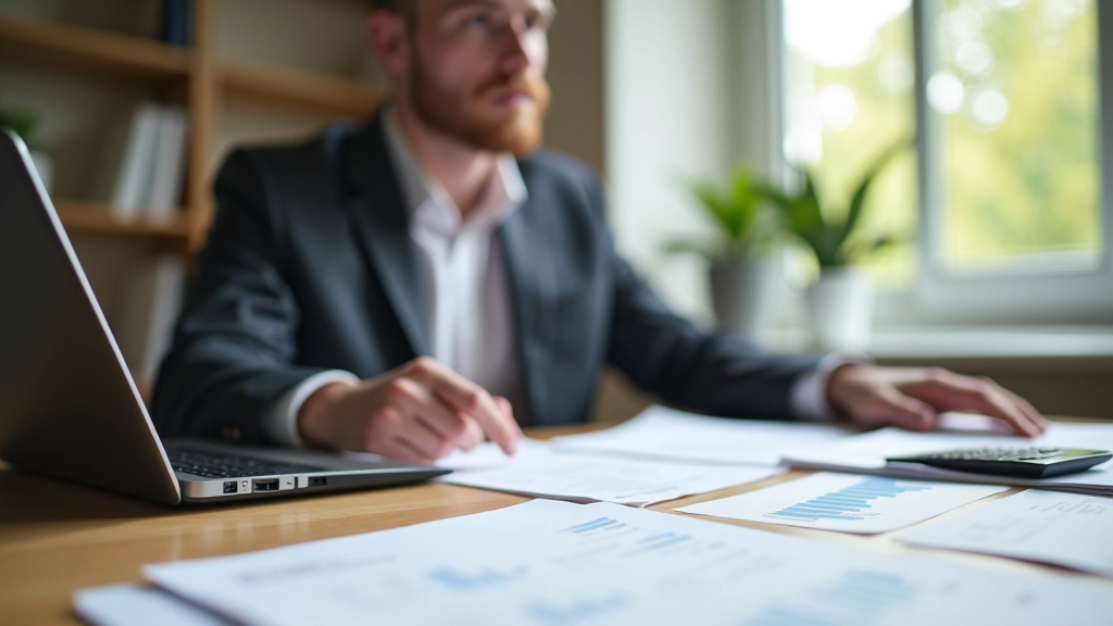 Analityk finansowy pracujący przy drewnianym biurku, wykresy i dane