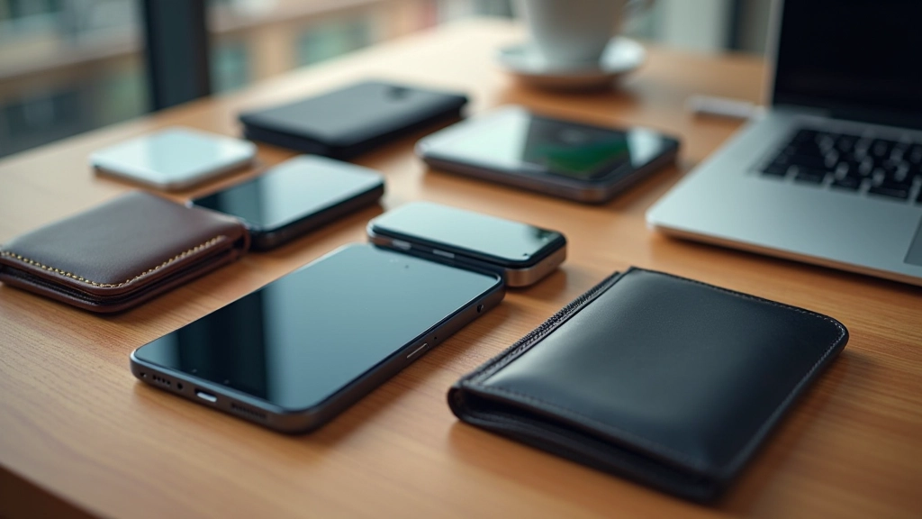 Porównanie różnych typów portfeli cyfrowych: hot wallet, cold wallet, mobile wallet, desktop wallet - schematyczne przedstawienie