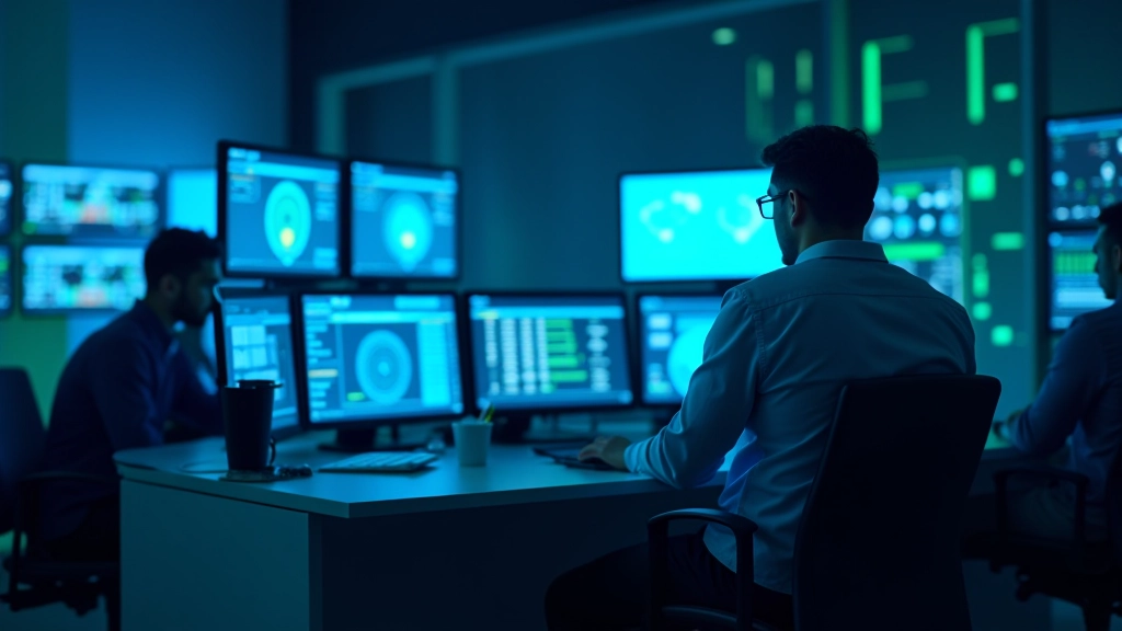 Nowoczesne centrum bezpieczeństwa cybernetycznego z monitorami