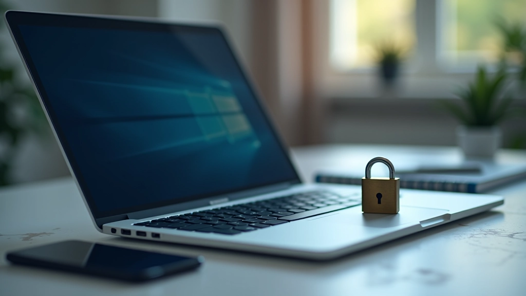 Nowoczesny laptop bezpieczeństwa z kłódką na klawiaturze, biuro techniczne