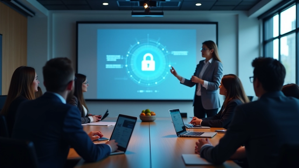 Szkolenie pracowników z bezpieczeństwa cybernetycznego, prezentacja na ekranie w sali konferencyjnej