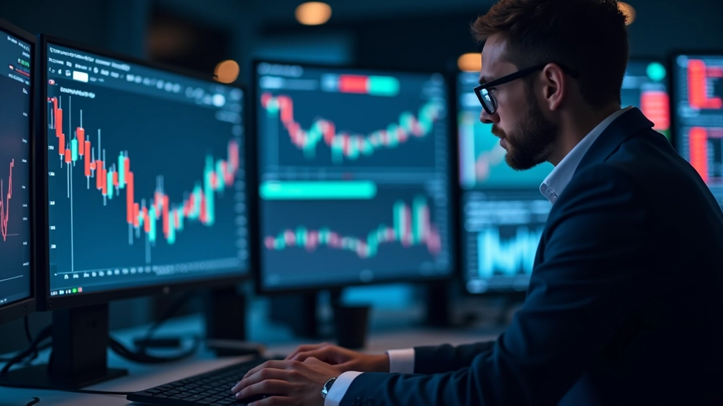 Trader obserwujący giełdę kryptowalut na wielu ekranach, nowoczesne biuro handlowe